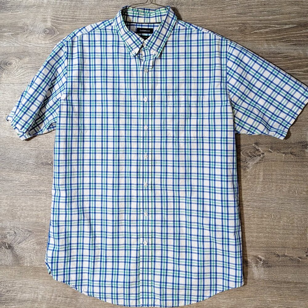 Croft & Barrow Men's Large Tall Blue/Green Plaid Short Sleeve Button Up Shirt